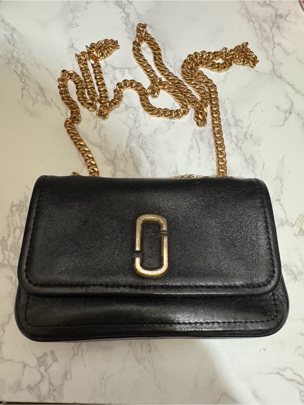 Marc Jacobs Black Leather Crossbody with Gold Chain Strap